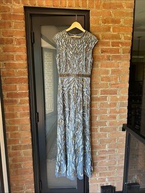 Mac Duggal Beaded Evening Maxi Dress in Light Blue and Gold